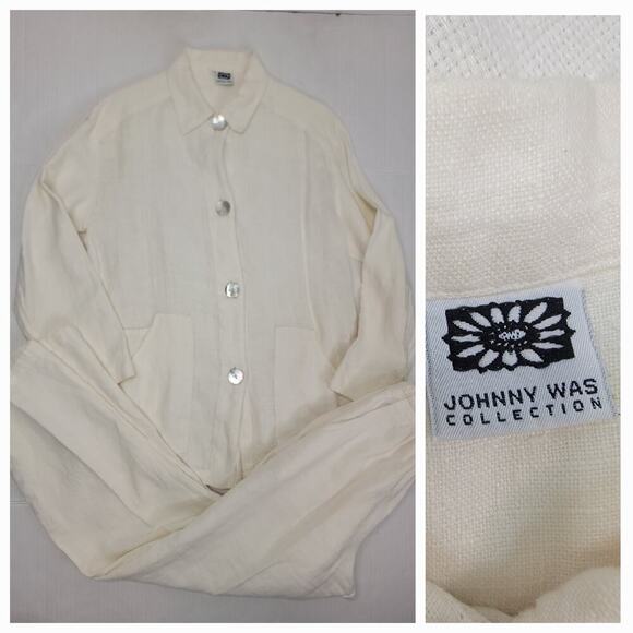 Johnny Was Collection Linen Set SZ Small Blouse And Pants Set Ivory Lagenlook - Picture 1 of 16